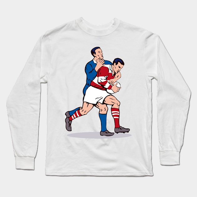 Rugby Player Tackling Retro Long Sleeve T-Shirt by retrovectors